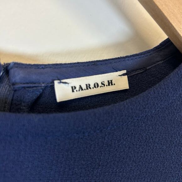 PAROSH Long Sleeve Dress Crepe Back Zip Slit Navy Blue Women’s Size XS - Picture 2 of 8